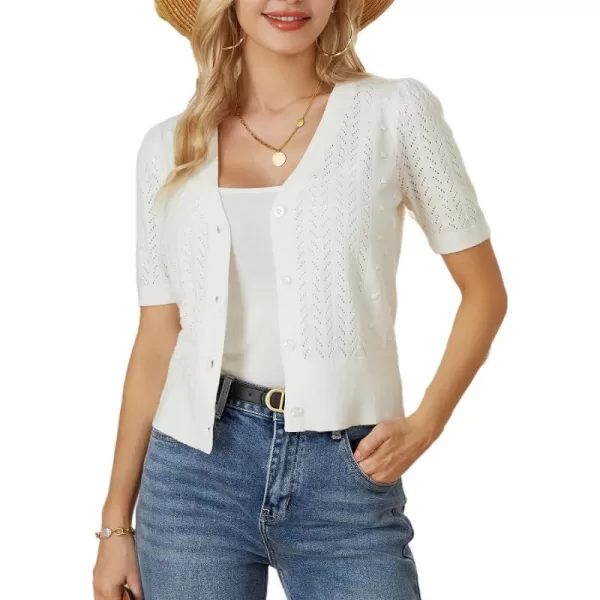 GRACE KARIN Cropped Cardigan Sweaters for Women Short Sleeve Crochet Knit Bolero Shrug VNeck Button up TopsIvory