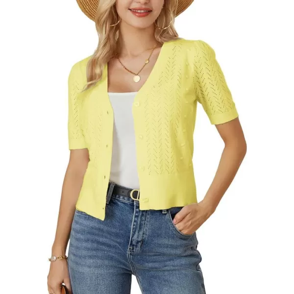 GRACE KARIN Cropped Cardigan Sweaters for Women Short Sleeve Crochet Knit Bolero Shrug VNeck Button up TopsLight Yellow