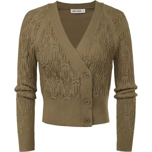 GRACE KARIN Cropped Cardigans for Women Long Sleeve V Neck Button Up Knit Cardigan SweaterBrown