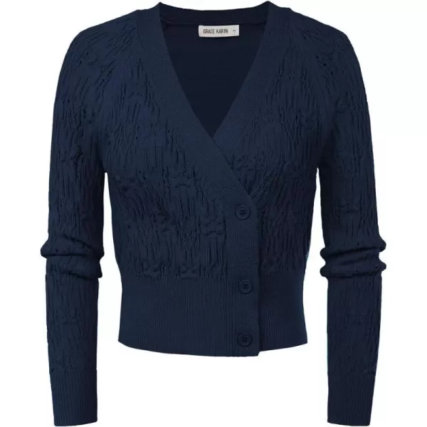 GRACE KARIN Cropped Cardigans for Women Long Sleeve V Neck Button Up Knit Cardigan SweaterNavy