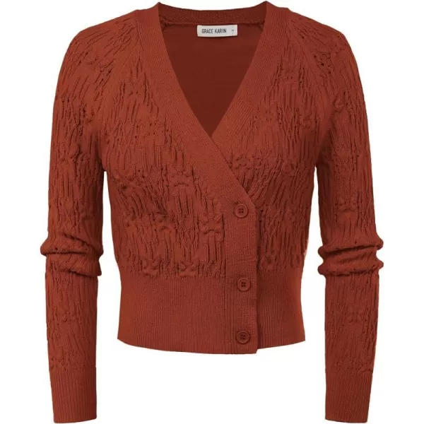 GRACE KARIN Cropped Cardigans for Women Long Sleeve V Neck Button Up Knit Cardigan SweaterRust