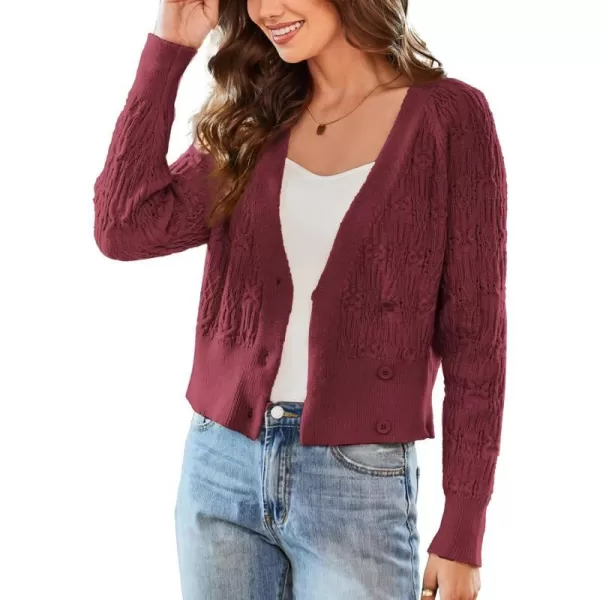 GRACE KARIN Cropped Cardigans for Women Long Sleeve V Neck Button Up Knit Cardigan SweaterWine Red