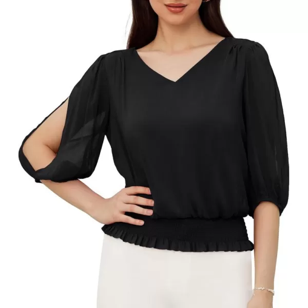 GRACE KARIN Elegant Blouses for Women 34 Chiffon Lantern Sleeve V Neck Elastic High Waist Slit Cutout Tops Office WorkBlack