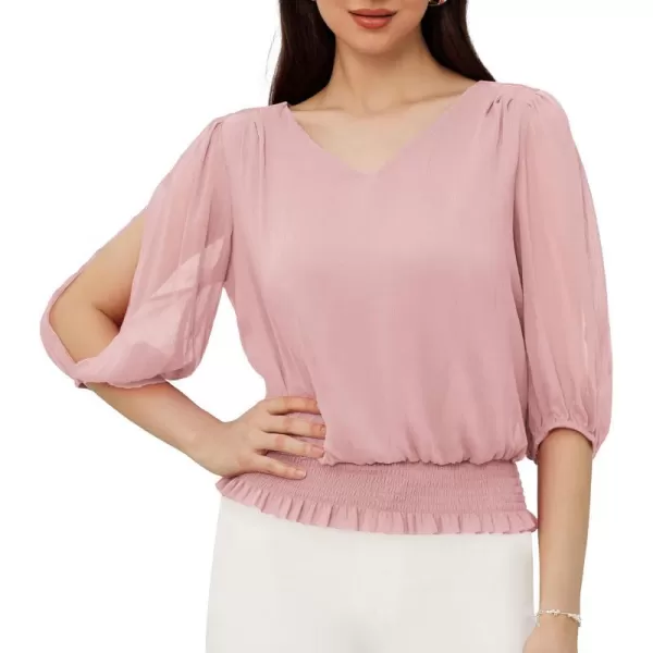 GRACE KARIN Elegant Blouses for Women 34 Chiffon Lantern Sleeve V Neck Elastic High Waist Slit Cutout Tops Office WorkLight Pink