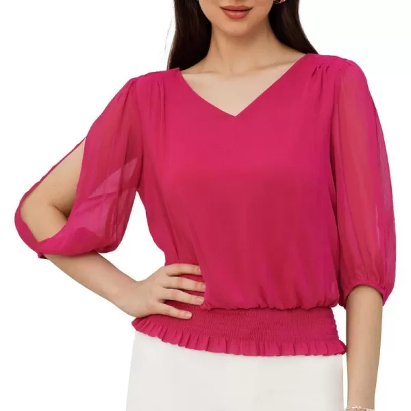 GRACE KARIN Elegant Blouses for Women 34 Chiffon Lantern Sleeve V Neck Elastic High Waist Slit Cutout Tops Office WorkRose Red