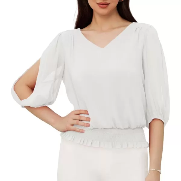 GRACE KARIN Elegant Blouses for Women 34 Chiffon Lantern Sleeve V Neck Elastic High Waist Slit Cutout Tops Office WorkWhite