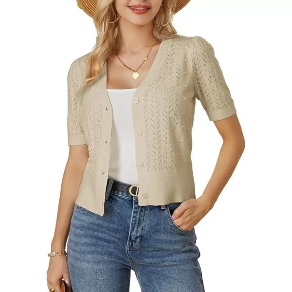 GRACE KARIN Fall Cardigan Sweaters for Women Soft Crochet Knit V Neck Long Lantern Sleeve Cropped Sweater TopApricot