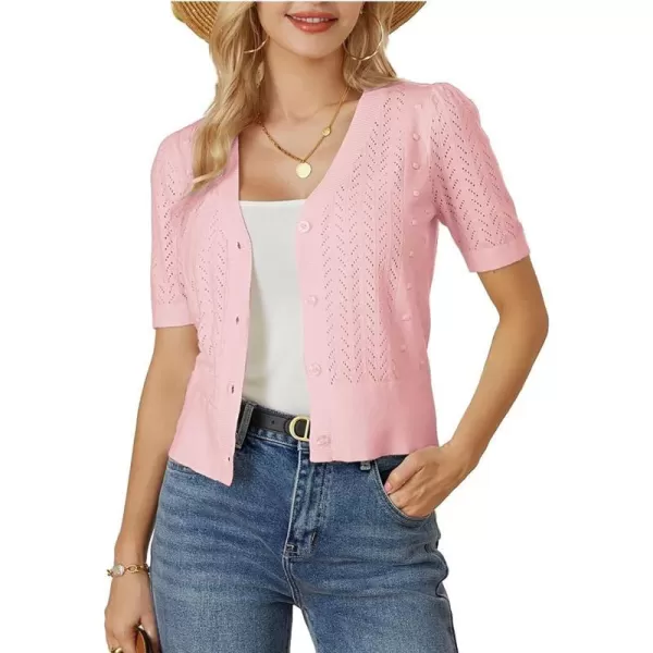 GRACE KARIN Fall Cardigan Sweaters for Women Soft Crochet Knit V Neck Long Lantern Sleeve Cropped Sweater TopLight Pink