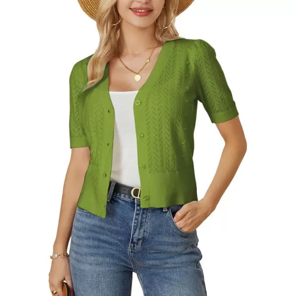 GRACE KARIN Fall Cardigan Sweaters for Women Soft Crochet Knit V Neck Long Lantern Sleeve Cropped Sweater TopLime Green