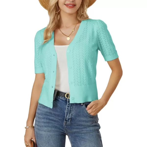 GRACE KARIN Fall Cardigan Sweaters for Women Soft Crochet Knit V Neck Long Lantern Sleeve Cropped Sweater TopMint Green