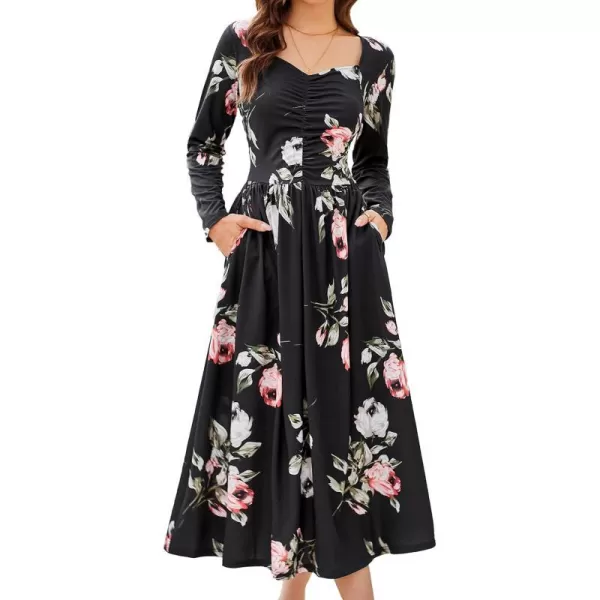 GRACE KARIN Floral Fall Dress for Women A Line Casual Flowy High Waist Long Sleeve Fit and Flare Dresses with PocketsBlack