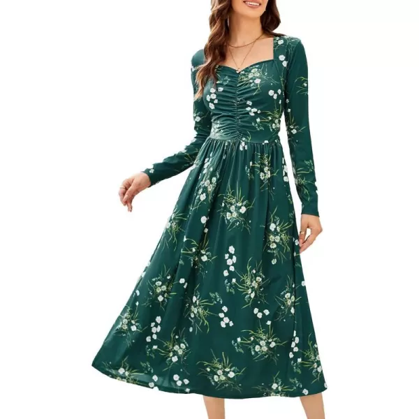 GRACE KARIN Floral Fall Dress for Women A Line Casual Flowy High Waist Long Sleeve Fit and Flare Dresses with PocketsDark Green