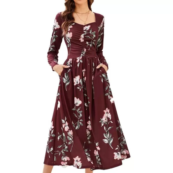 GRACE KARIN Floral Fall Dress for Women A Line Casual Flowy High Waist Long Sleeve Fit and Flare Dresses with PocketsRed