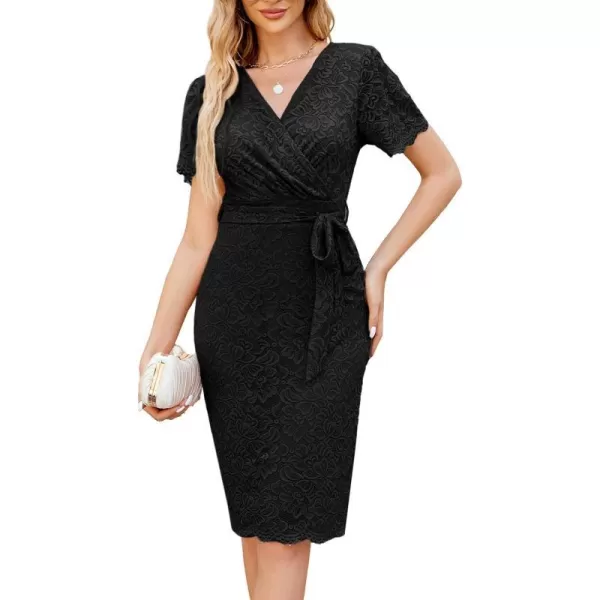 GRACE KARIN Floral Lace Dress for Women Short Sleeve V Neck Wedding Guest Dress with Belt Cocktail PartyBlack