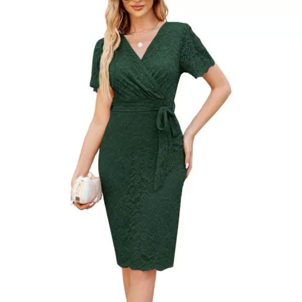 GRACE KARIN Floral Lace Dress for Women Short Sleeve V Neck Wedding Guest Dress with Belt Cocktail PartyDark Green