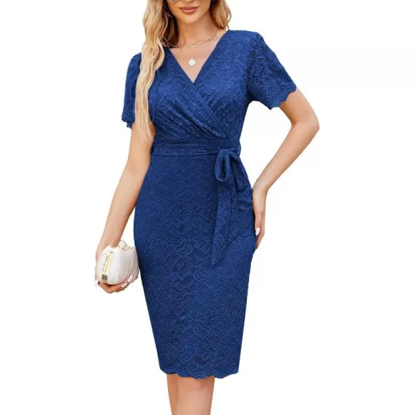 GRACE KARIN Floral Lace Dress for Women Short Sleeve V Neck Wedding Guest Dress with Belt Cocktail PartyRoyal Blue