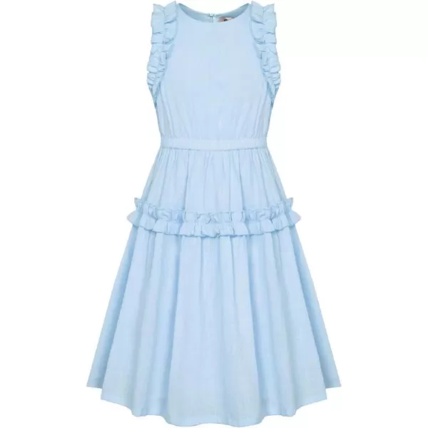 GRACE KARIN Girl Cotton Summer Dress Sleeveless Ruffle Tiered Flowy ALine Crew Neck Midi Casual Sundress 512YLight Blue