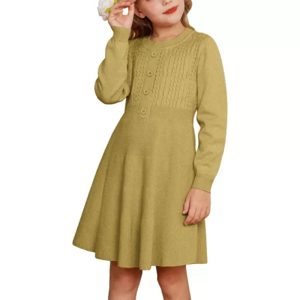 GRACE KARIN Girl Dress Long Sleeve Sweater Ruffle Button Front Knit Casual Fall Winter Dresses for Girls 512Grass Yellow