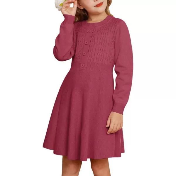 GRACE KARIN Girl Dress Long Sleeve Sweater Ruffle Button Front Knit Casual Fall Winter Dresses for Girls 512Hot Pink