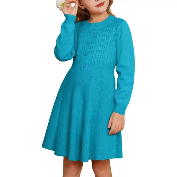 GRACE KARIN Girl Dress Long Sleeve Sweater Ruffle Button Front Knit Casual Fall Winter Dresses for Girls 512Lake Blue