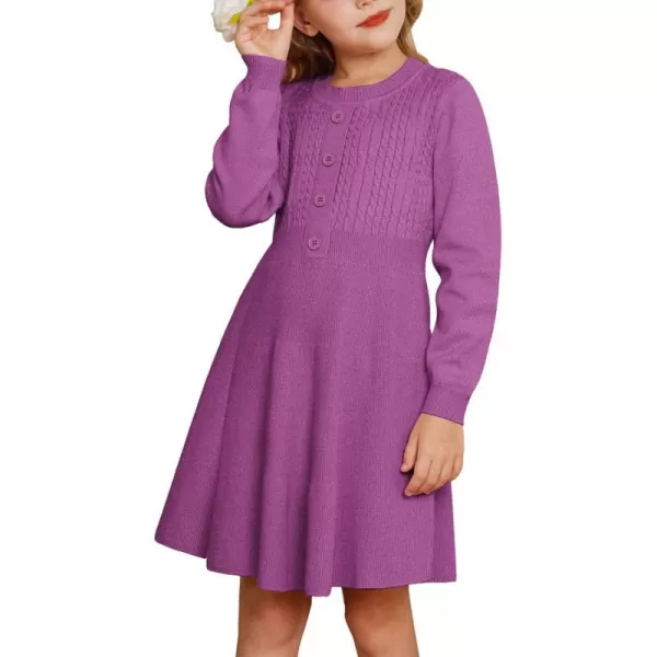 GRACE KARIN Girl Dress Long Sleeve Sweater Ruffle Button Front Knit Casual Fall Winter Dresses for Girls 512Purple Red