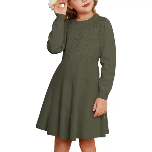 GRACE KARIN Girl Dress Long Sleeve Sweater Ruffle Button Front Knit Casual Fall Winter Dresses for Girls 512Tea Green