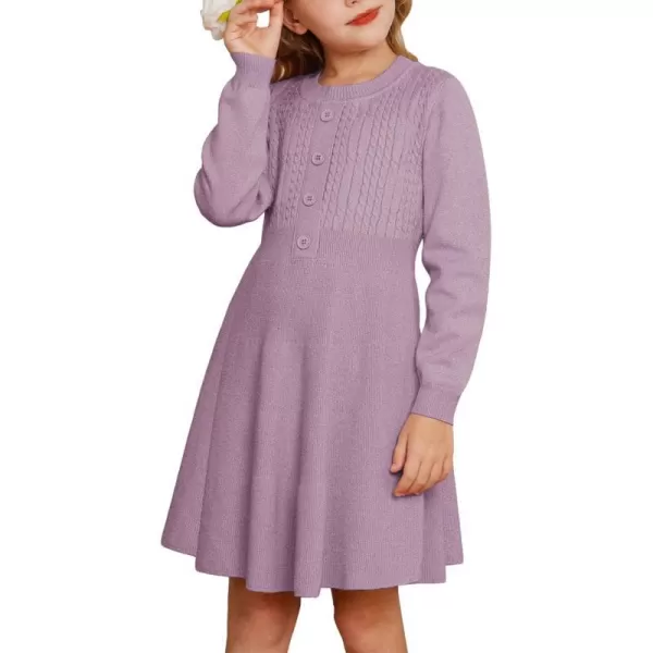 GRACE KARIN Girl Dress Long Sleeve Sweater Ruffle Button Front Knit Casual Fall Winter Dresses for Girls 512Unique Purple