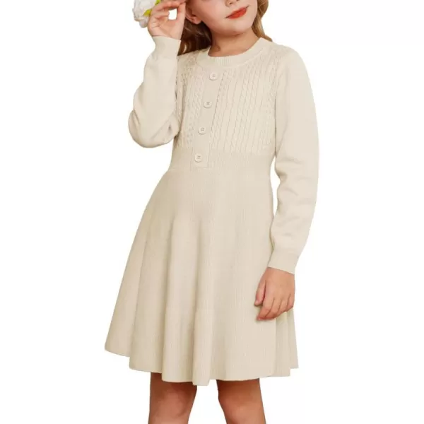 GRACE KARIN Girl Long Sleeve Dress Ruffle Button Front Knit Casual Sweater Fall Winter Dresses for Girls 512Cream