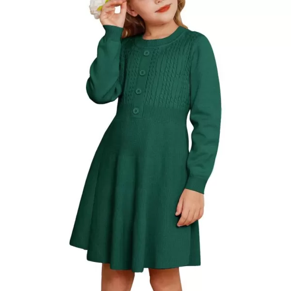 GRACE KARIN Girl Long Sleeve Dress Ruffle Button Front Knit Casual Sweater Fall Winter Dresses for Girls 512Green