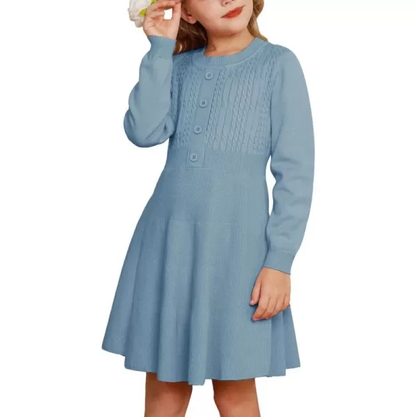 GRACE KARIN Girl Long Sleeve Dress Ruffle Button Front Knit Casual Sweater Fall Winter Dresses for Girls 512Haze Blue