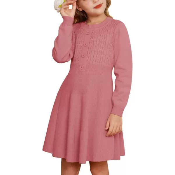 GRACE KARIN Girl Long Sleeve Dress Ruffle Button Front Knit Casual Sweater Fall Winter Dresses for Girls 512Medium Pink