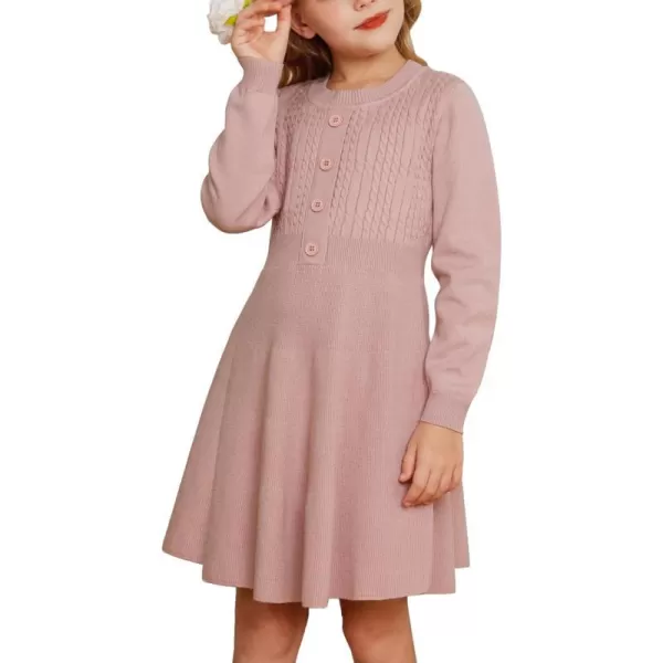 GRACE KARIN Girl Long Sleeve Dress Ruffle Button Front Knit Casual Sweater Fall Winter Dresses for Girls 512Pink