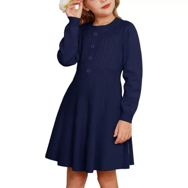 GRACE KARIN Girl Long Sleeve Dress Ruffle Button Front Knit Casual Sweater Fall Winter Dresses for Girls 512Royal Blue