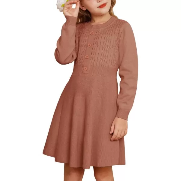 GRACE KARIN Girl Long Sleeve Dress Ruffle Button Front Knit Casual Sweater Fall Winter Dresses for Girls 512Rust Red