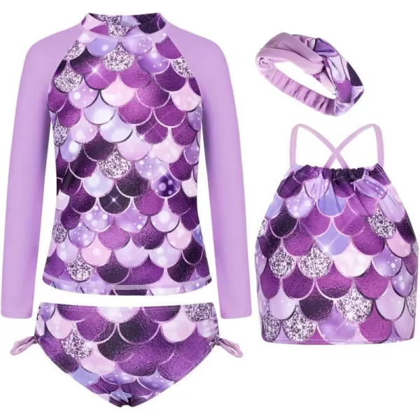 GRACE KARIN Girl Rash Guard Swimsuit Long Sleeve Tankini Swimwear Set 512 YearsPurple Memaid