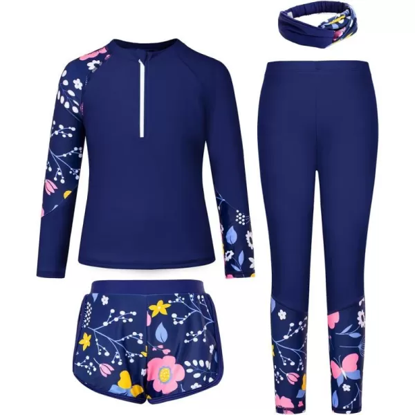 GRACE KARIN Girl Rash Guard Swimsuit Set Long Sleeve 4 Piece Swimwear Suit 512YDark Blue Floral