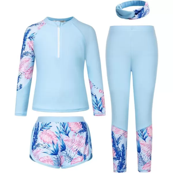 GRACE KARIN Girl Rash Guard Swimsuit Set Long Sleeve 4 Piece Swimwear Suit 512YLight Blue Leaves