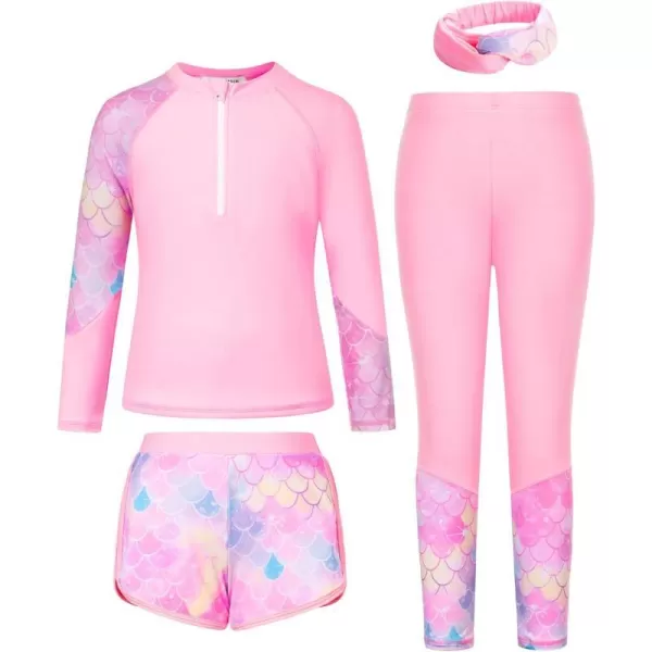 GRACE KARIN Girl Rash Guard Swimsuit Set Long Sleeve 4 Piece Swimwear Suit 512YPink Memaid