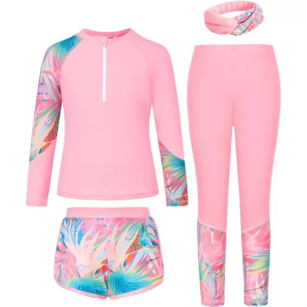 GRACE KARIN Girl Rash Guard Swimsuit Set Long Sleeve 4 Piece Swimwear Suit 512YPink Plant