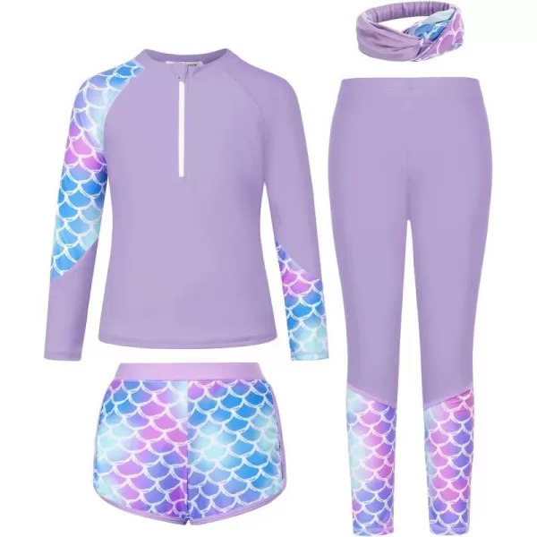 GRACE KARIN Girl Rash Guard Swimsuit Set Long Sleeve 4 Piece Swimwear Suit 512YPurple Memaid