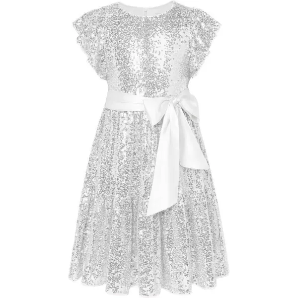 GRACE KARIN Girl Sequin Dress Ruffle Sleeve ALine Holiday Party Dress 512YearsSilver