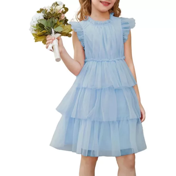 GRACE KARIN Girl Summer Ruffle Dress Birthday Party Tiered Tulle Dress Size 512Light Blue