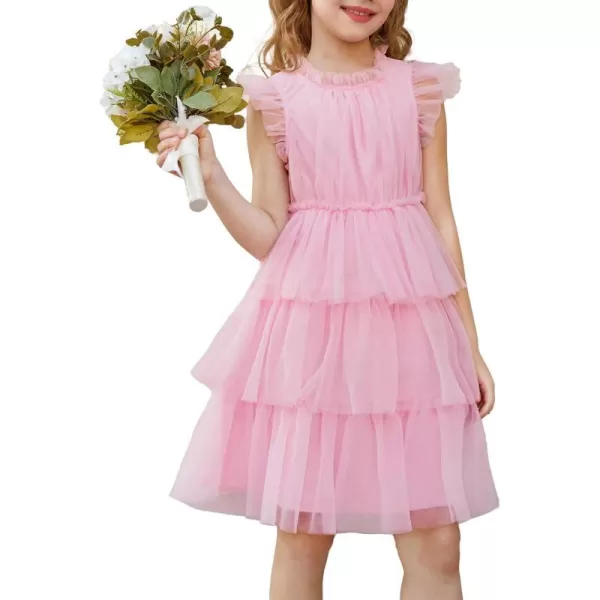 GRACE KARIN Girl Summer Ruffle Dress Birthday Party Tiered Tulle Dress Size 512Pink