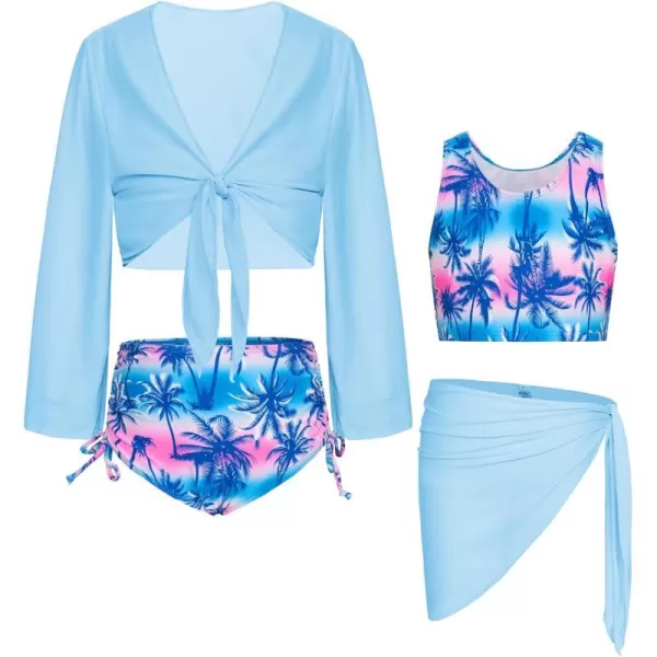 GRACE KARIN Girls 4 Piece Bathing Suit Taniki Swimsuit Tie Front Bikini Set with Kimono Cover Up 614Light Bluecoconut