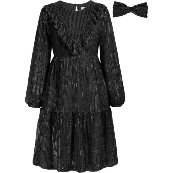 GRACE KARIN Girls ALine Sequin Dress Long Sleeves Girls Party Dress with Hair BowBlack