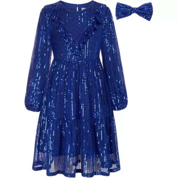 GRACE KARIN Girls ALine Sequin Dress Long Sleeves Girls Party Dress with Hair BowBlue