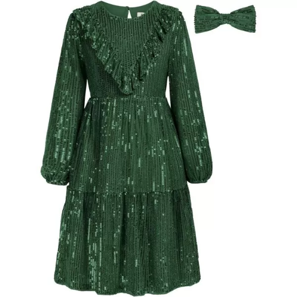 GRACE KARIN Girls ALine Sequin Dress Long Sleeves Girls Party Dress with Hair BowGreen