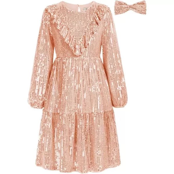 GRACE KARIN Girls ALine Sequin Dress Long Sleeves Girls Party Dress with Hair BowPink Gold