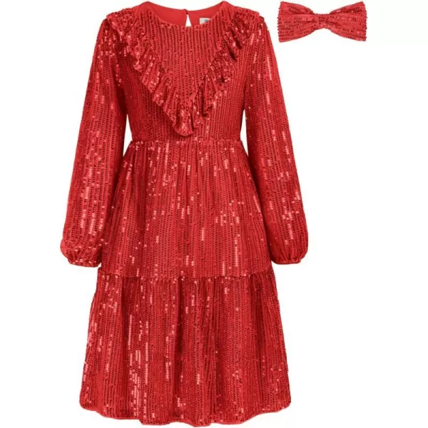 GRACE KARIN Girls ALine Sequin Dress Long Sleeves Girls Party Dress with Hair BowRed