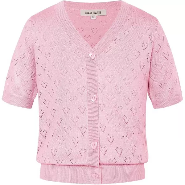 GRACE KARIN Girls Cardigan Love Heart Sweater Short Sleeve HollowedOut Knitwear Open Front Dress Cover Up 512YPink